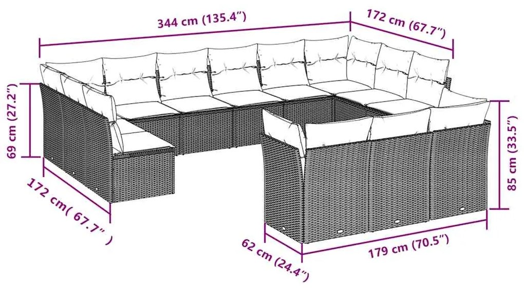 vidaXL Σαλόνι Κήπου 13 τεμ. Μαύρο από Συνθ. Ρατάν με Μαξιλάρια