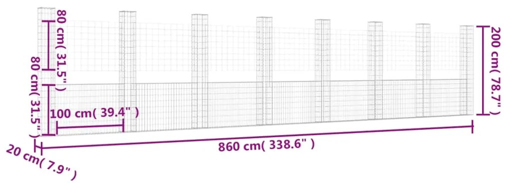 vidaXL Συρματοκιβώτιο σε U Σχήμα με 8 Στύλους 860x20x200 εκ. Σιδερένιο