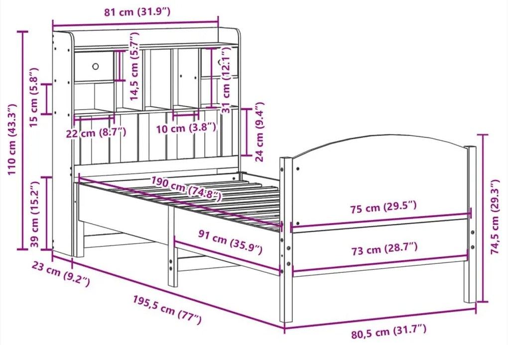 Κρεβάτι Βιβλιοθήκη Χωρίς Στρώμα 75x190 εκ Μασίφ Ξύλο Πεύκο - Καφέ
