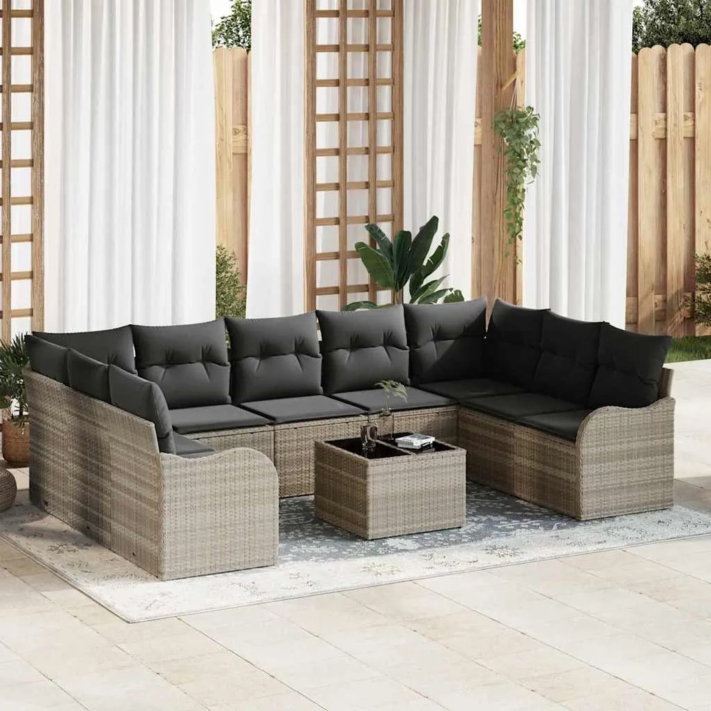 vidaXL Σετ Καναπέ Κήπου με μαξιλάρι 10 pcs Ανοιχτό γκρι Πολυ ράταν