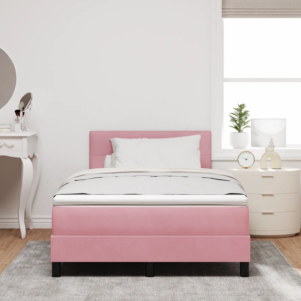 vidaXL Κρεβάτι Box Spring με Στρώμα & LED Ροζ 120x190 εκ. Βελούδο