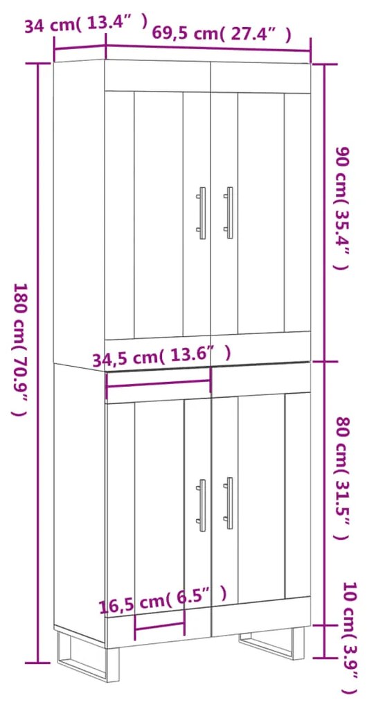 Ντουλάπι Καφέ Δρυς 69,5 x 34 x 180 εκ. από Επεξεργασμένο Ξύλο - Καφέ