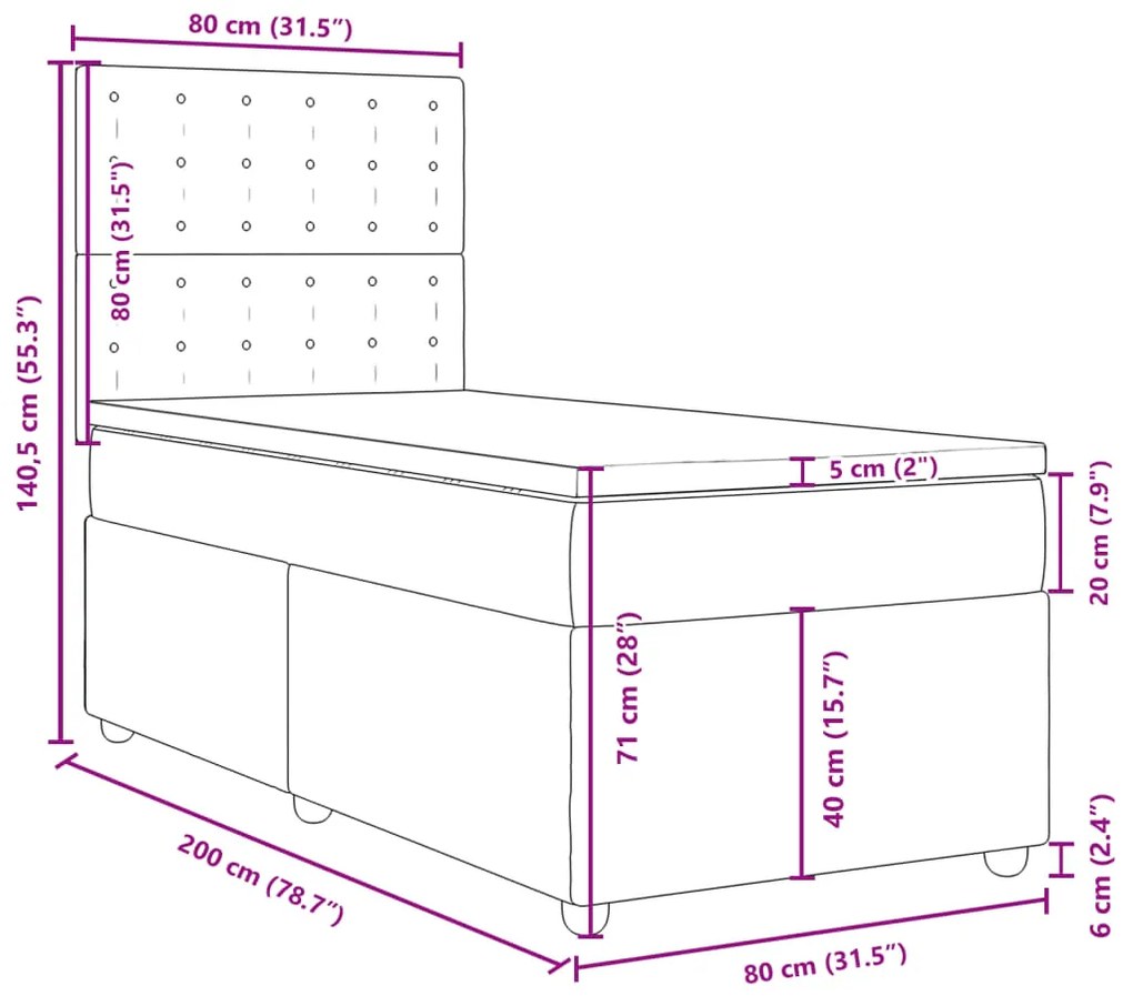 Κρεβάτι Boxspring με Στρώμα Σκούρο Γκρι 80x200 εκ. Υφασμάτινο - Γκρι