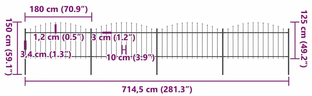 vidaXL Φράχτης Κήπου με Κορυφή Δόρυ Μαύρος Ατσάλινος 714,5 x 150 εκ.