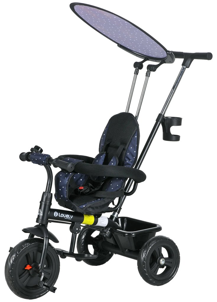 Τρίκυκλο ποδήλατο HOMCOM 6-σε-1 με λαβή ώθησης, τέντα, ζώνη, καλάθι αποθήκευσης, για 1-5 ετών, σκούρο μπλε