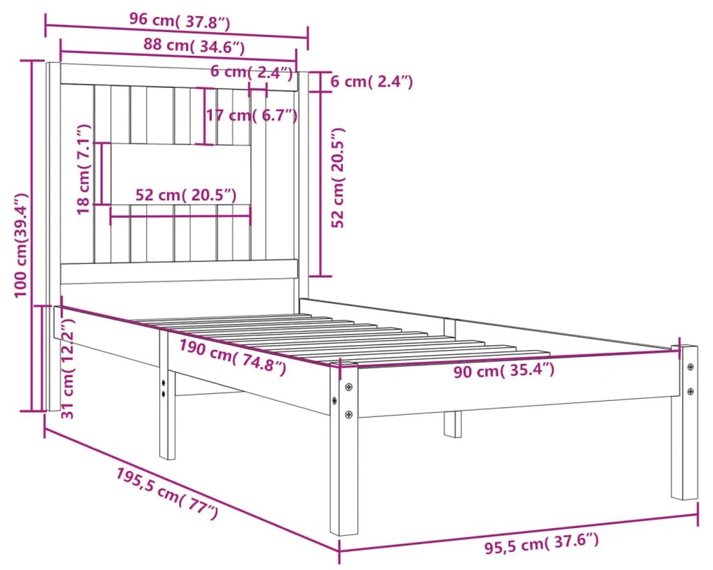 vidaXL Πλαίσιο Κρεβατιού 90 x 190 εκ. από Μασίφ Ξύλο Single