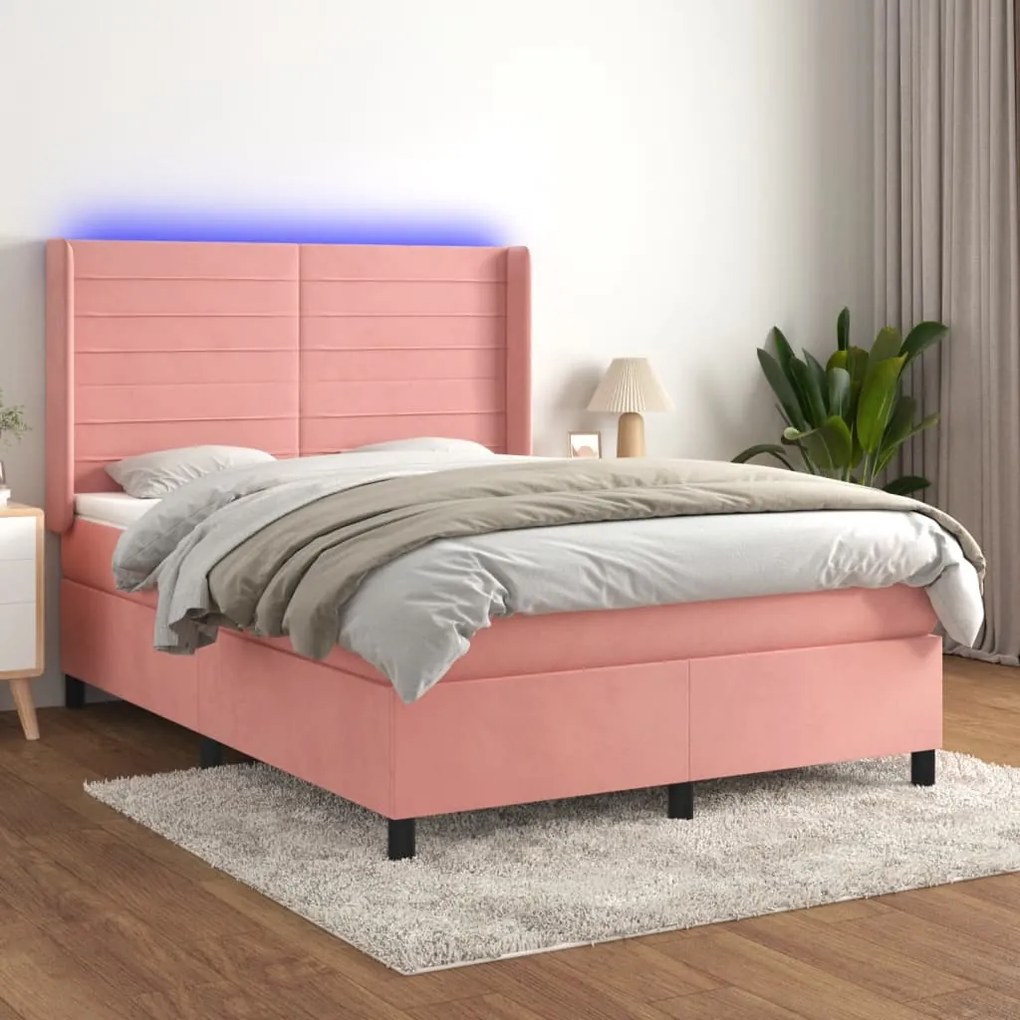 Κρεβάτι Boxspring με Στρώμα &amp; LED Ροζ 140x190 εκ. Βελούδινο