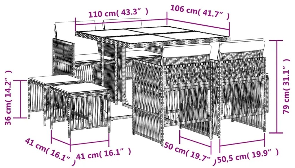 vidaXL Σετ Τραπεζαρίας Κήπου 9τεμ. Μικτό Μπεζ Συνθ. Ρατάν με Μαξιλάρια