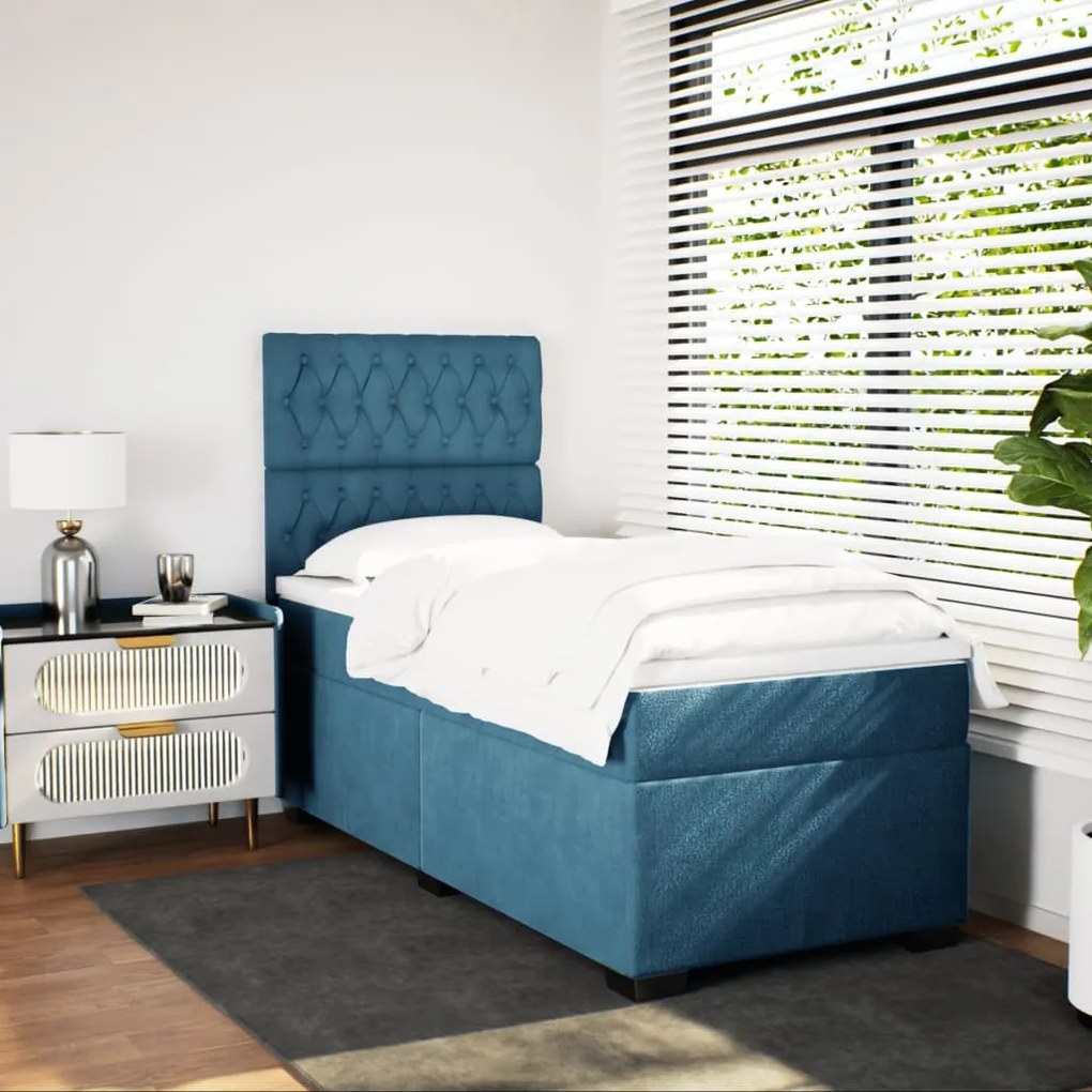 vidaXL Κρεβάτι Boxspring με Στρώμα Μπλε 90x190 εκ. Βελούδινο