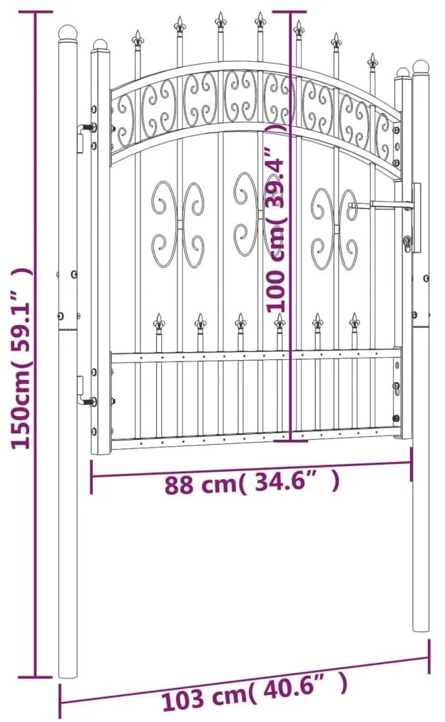 Πόρτα Φράχτη με Ακίδες Μαύρη 103x150 εκ. Ατσάλι με Ηλεκτρ. Βαφή - Μαύρο