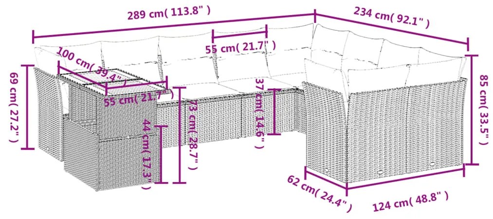 vidaXL Σαλόνι Κήπου Σετ 10 Τεμαχίων Μαύρο Συνθετικό Ρατάν με Μαξιλάρια