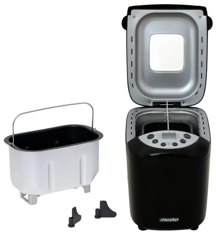 Mesko MS 6022 αρτοπαρασκευαστής, 1/1,5 kg, 850 W, 15 προγράμματα, οθόνη LCD, διπλός αναδευτήρας, κινητό καλάθι, Μαύρο