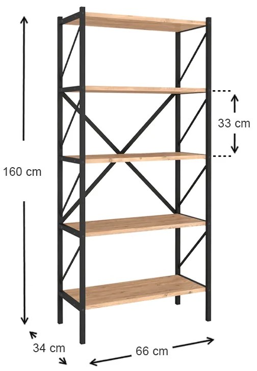 ΒΙΒΛΙΟΘΗΚΗ JOCASTA MEGAPAP ΜΕΤΑΛΛΙΚΗ - ΜΕΛΑΜΙΝΗΣ ΧΡΩΜΑ PINE OAK 66X34X160ΕΚ.