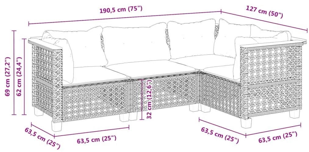 Σαλόνι Κήπου Σετ 4 Τεμαχίων Γκρι Συνθετικό Ρατάν με Μαξιλάρια - Γκρι