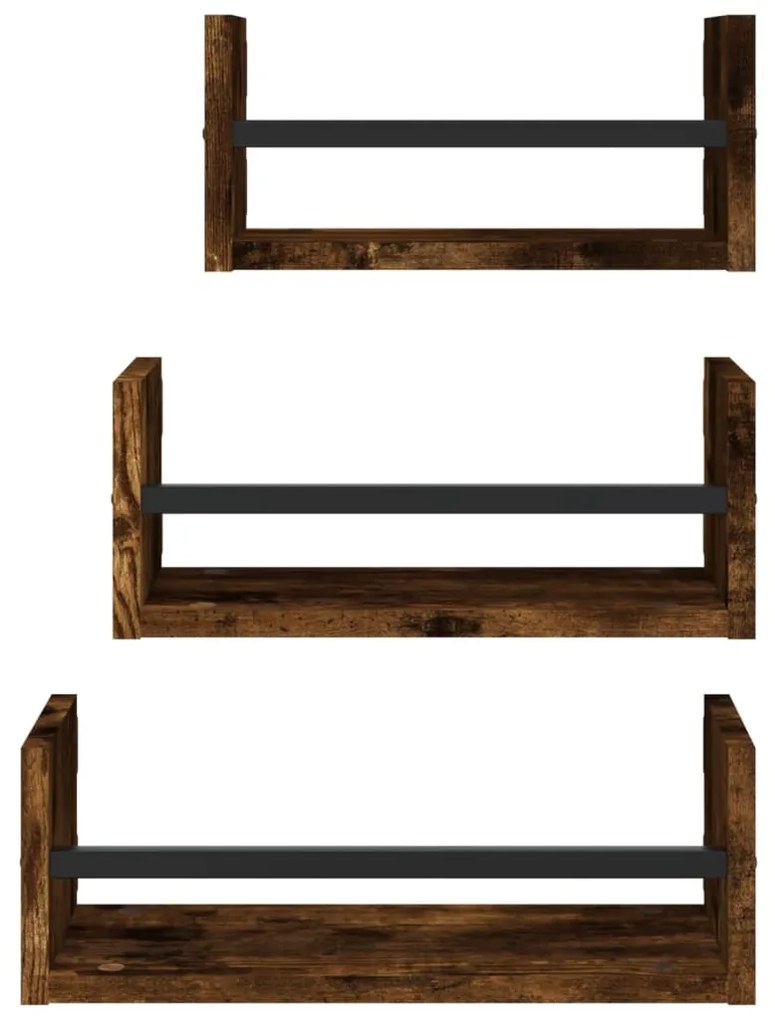 vidaXL Ράφια Τοίχου Σετ 3 τεμ. με Μπάρες Καπνιστή Δρυς Επεξεργ. ξύλο