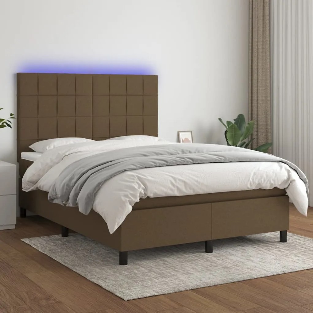 vidaXL Κρεβάτι Boxspring με Στρώμα &amp; LED Σκ.Καφέ 140x190εκ. Υφασμάτινο