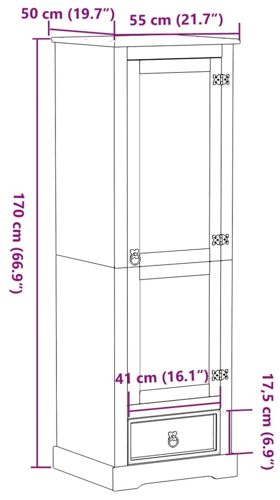 Ντουλάπα Corona 55x50x170 εκ. από Μασίφ Ξύλο Πεύκου - Καφέ