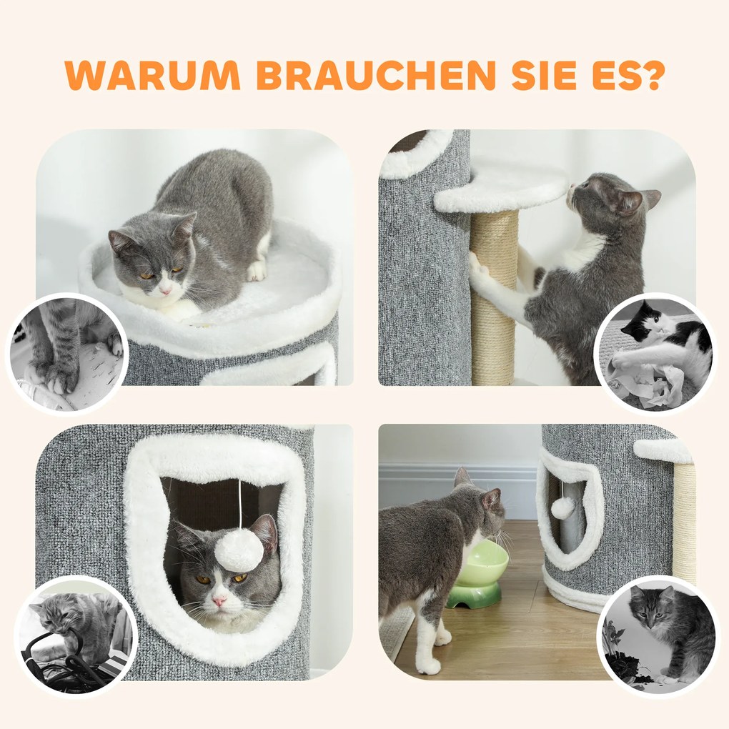 Πύργος Γάτας 101 cm, 3 Επίπεδα, 3 Υπνοδωμάτια, Μπάλες Παιχνιδιού, Στύλοι Ξυσίματος, Σιζάλ, Πάνελ Μοριοσανίδας, Γκρι
