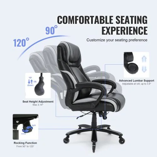 VEVOR Heavy Duty Executive Office Chair with Cutting-edge Adjustable Lumbar Support for Long Hours, Big and Tall 400lbs Office Chair, Wide Thick Padded Strong Metal Base Quiet Wheels