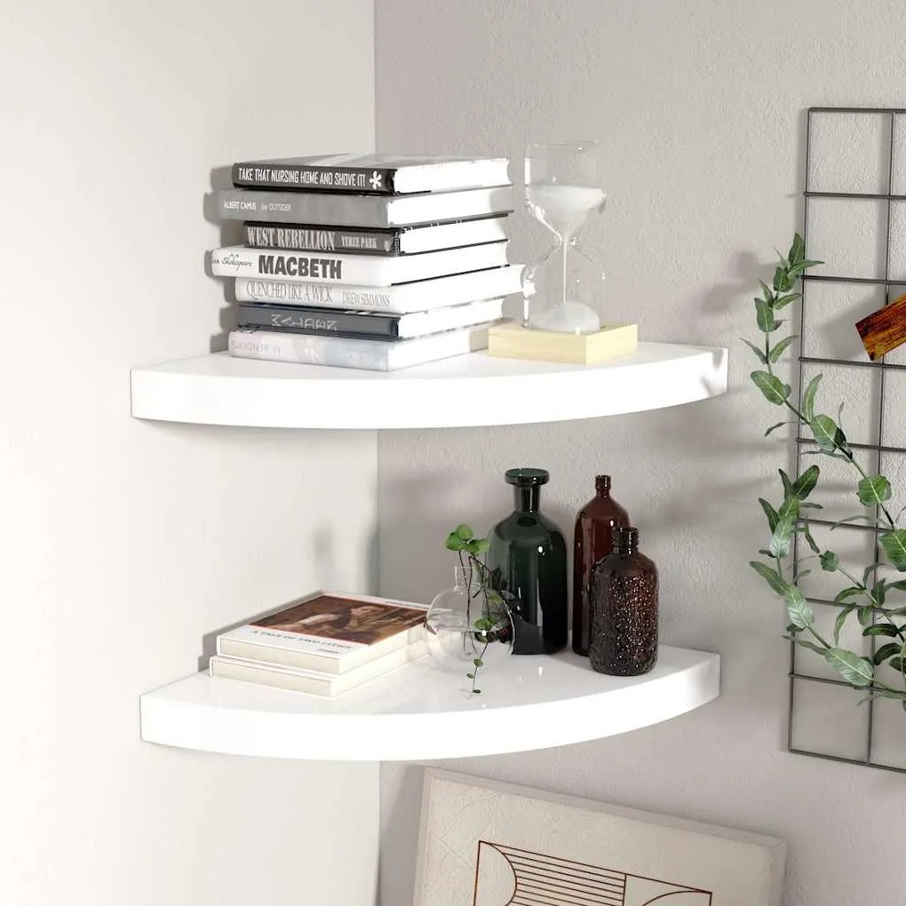 323908 vidaXL Floating Corner Shelves 2 pcs High Gloss White 35x35x3,8 cm MDF