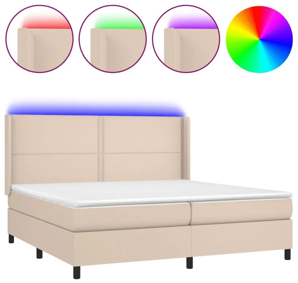 Κρεβάτι Boxspring Στρώμα&amp;LED Καπουτσίνο 200x200 εκ. Συνθ. Δέρμα - Καφέ