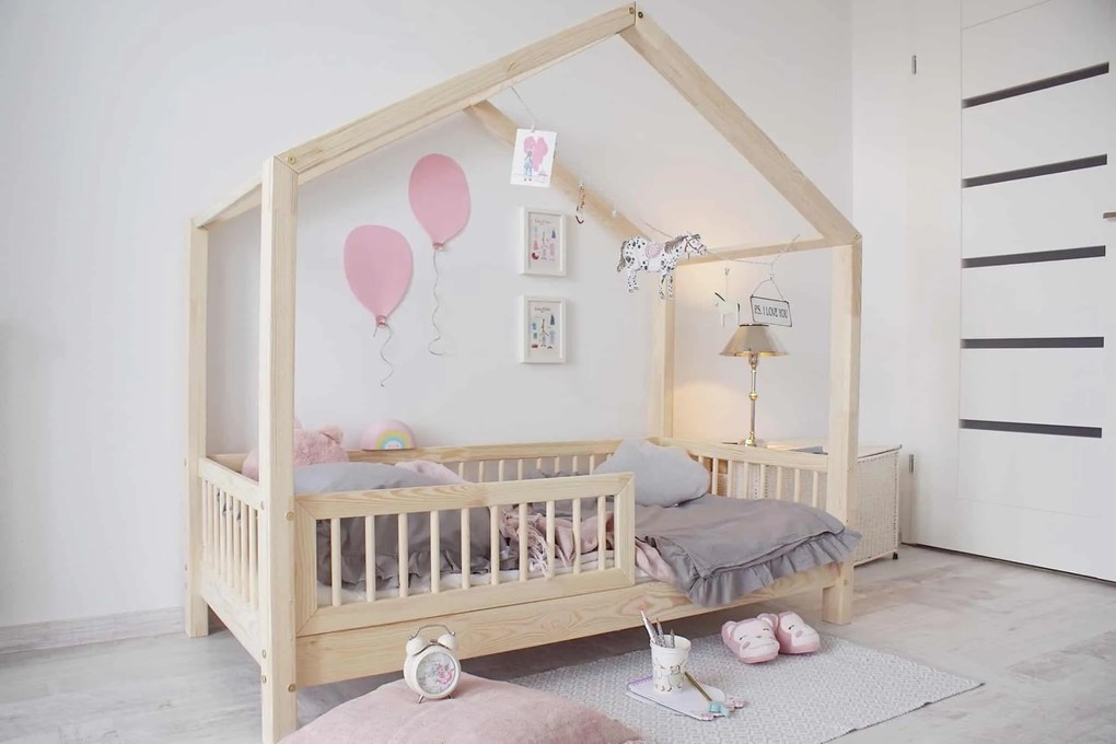 Κρεβάτι Παιδικό Montessori  House Bed  με κάγκελα 23cm  σε Φυσικό  Ξύλο  100×200cm  Luletto (Δώρο 10% έκπτωση στο Στρώμα)