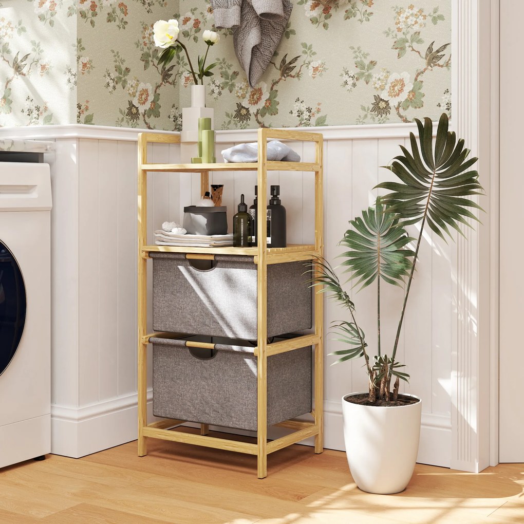 Ράφι ρούχων HOMCOM από μπαμπού, με 2 υφασμάτινους κάδους ρούχων, ανοιχτά ράφια, εξοικονόμηση χώρου, φυσικό ξύλο