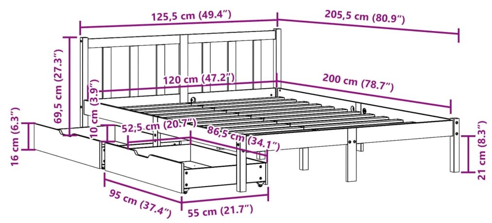 Σκελετός Κρεβατιού Χωρίς Στρώμα 120x200 εκ Μασίφ Ξύλο Πεύκου - Καφέ