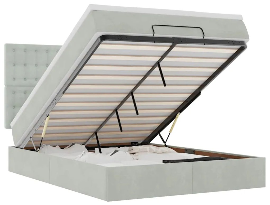 vidaXL Οθωμανικό κρεβάτι με στρώματα & LEDs Ανοιχτό γκρι Βελούδο