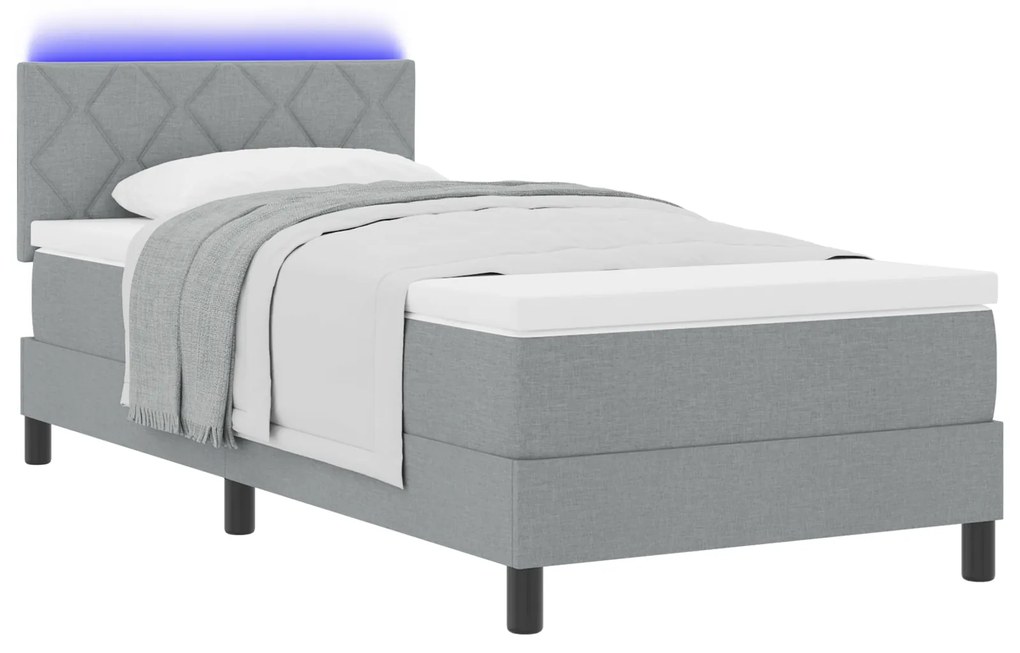 vidaXL Κρεβάτι Box Spring με Στρώμα & LED Ανοιχτό Γκρι 90x200 εκ Ύφασμα