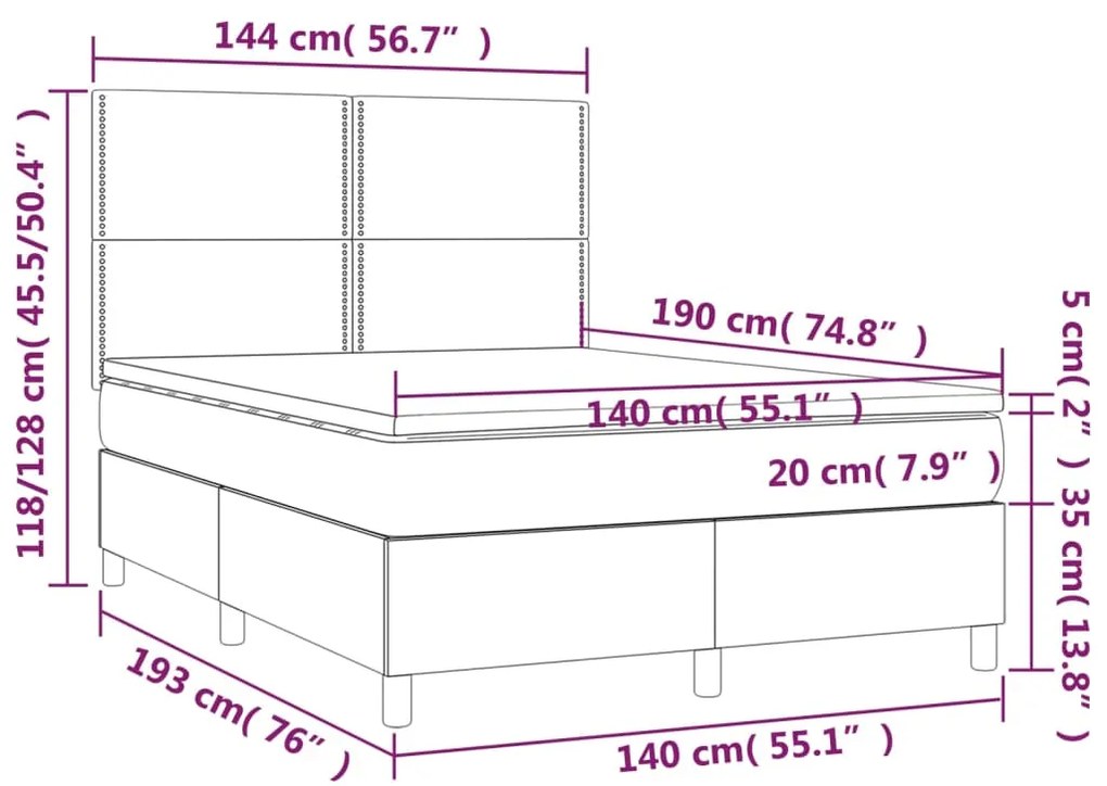 Κρεβάτι Boxspring με Στρώμα &amp; LED Κρεμ 140x190 εκ. Υφασμάτινο - Κρεμ