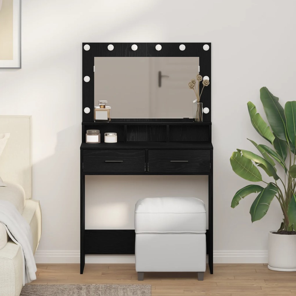 vidaXL Τραπέζι με Καθρέφτη και Φώτα LED Μαύρης Δρυός 79x41x135 εκ