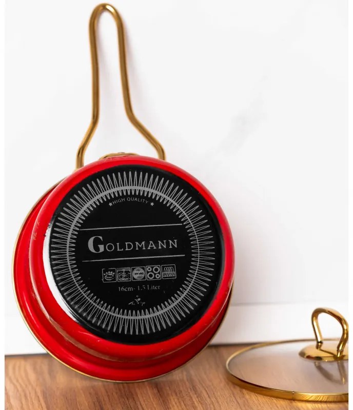 Κατσαρόλα με γυάλινο καπάκι Goldmann GM 4521-16R, 16x8 cm, 1.5L, Σμάλτο, Επαγωγή, Κόκκινο/Αρχαίο Χρυσό