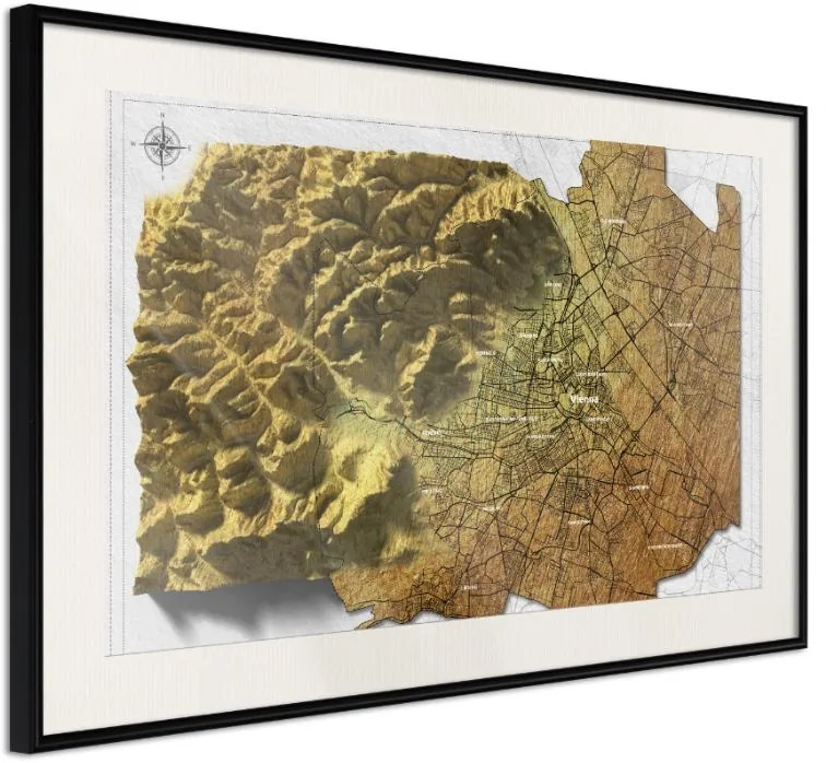 Αφίσα - Raised Relief Map: Vienna - 45x30 - Μαύρο - Με πασπαρτού