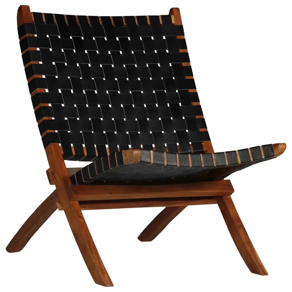 246366 vidaXL Καρέκλα Πτυσσόμενη με Χιαστί Λωρίδες Μαύρη από Γνήσιο Δέρμα Μαύρο, 1 Τεμάχιο