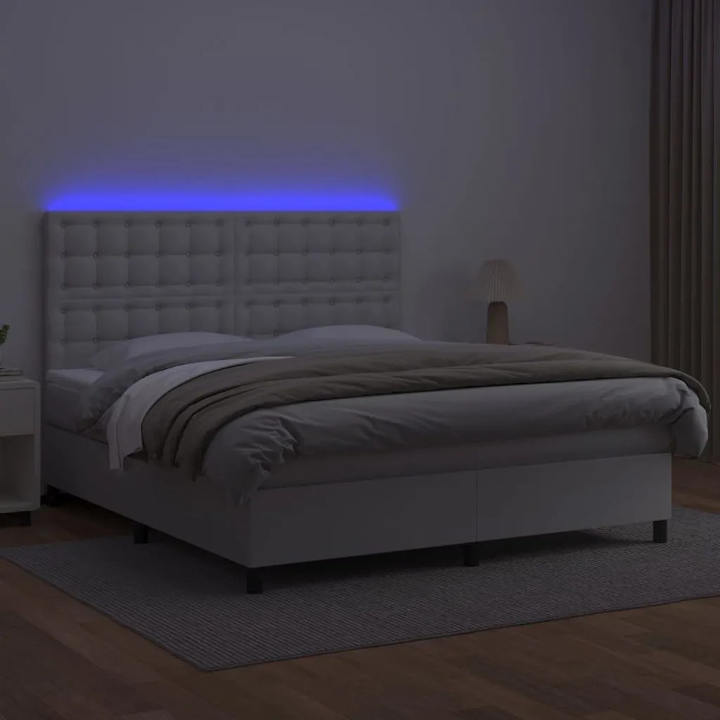 Κρεβάτι Boxspring με Στρώμα &amp; LED Λευκό 180x200 εκ. Συνθ. Δέρμα - Λευκό