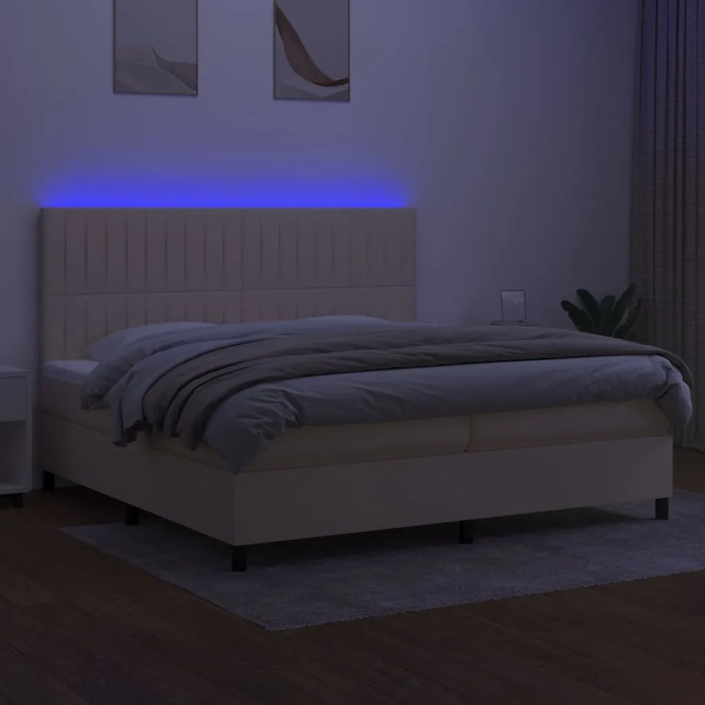 Κρεβάτι Boxspring με Στρώμα &amp; LED Κρεμ 200x200 εκ. Υφασμάτινο - Κρεμ