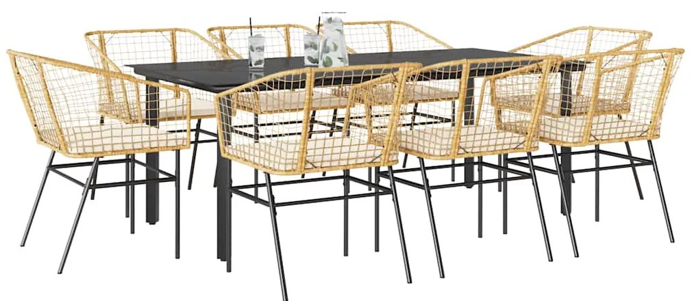 Σετ Τραπεζαρίας Κήπου 9 τεμ. Καφέ Συνθ.Ρατάν/Γυαλί με Μαξιλάρια