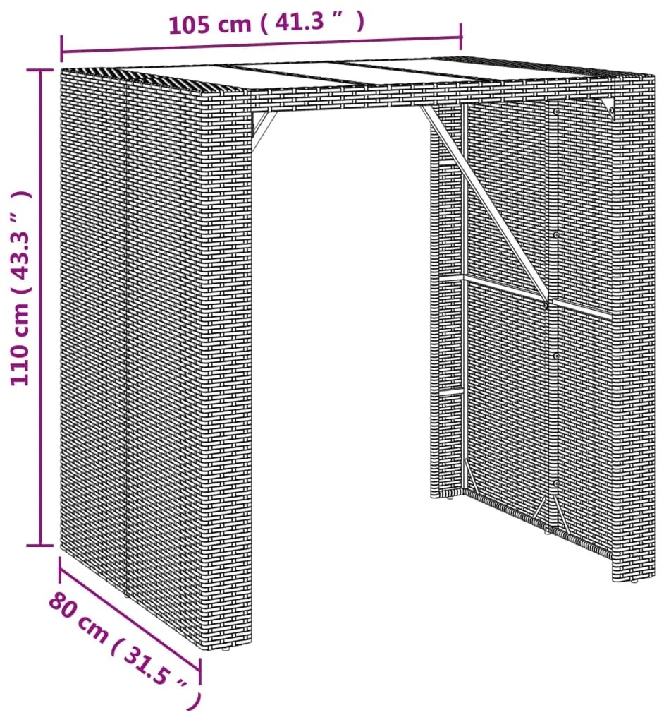 vidaXL Τραπέζι Μπαρ με Γυάλ. Επιφάνεια Γκρι 105x80x110 εκ. Συνθ. Ρατάν