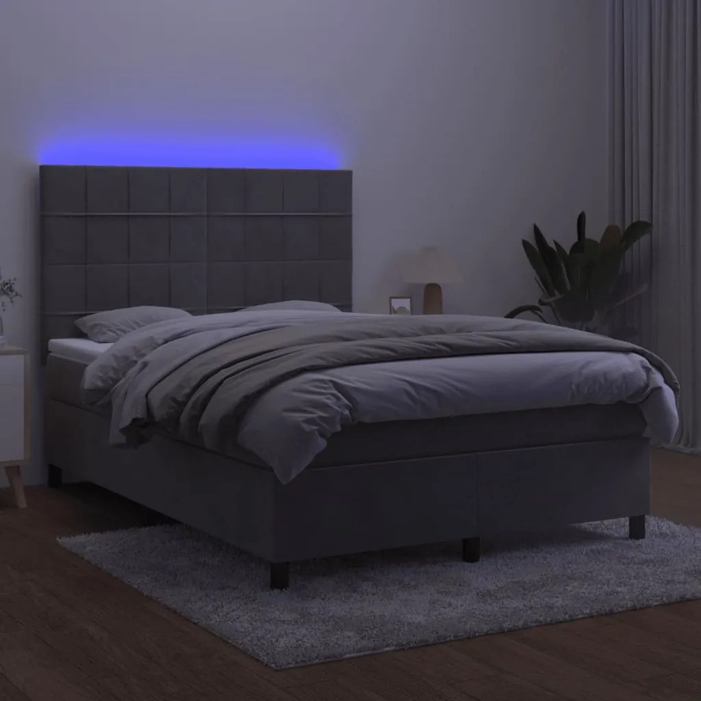 vidaXL Κρεβάτι Boxspring με Στρώμα & LED Αν.Γκρι 140x200 εκ. Βελούδινο