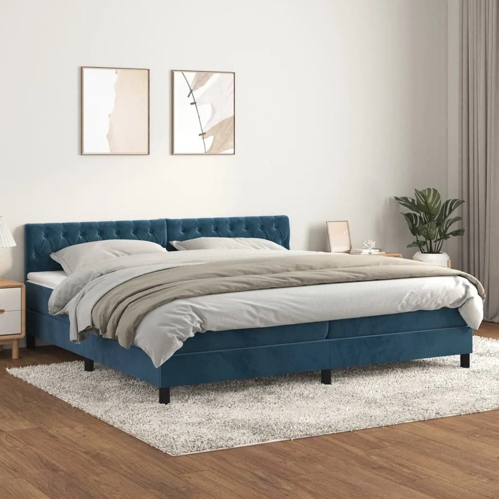 Κρεβάτι Boxspring με Στρώμα Σκούρο Μπλε 200x200 εκ. Βελούδινο - Μπλε