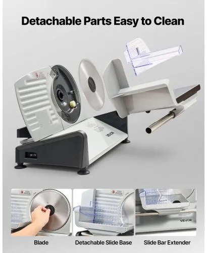 VEVOR Meat Slicer, 200W Electric Deli Slicer Machine with 190 mm Sharp Blade, Home Meat-Slicer with 70-100 RPM Slicing Speed, 0-15 mm Adjustable Thickness, for Frozen Meat, Ham, Baguett & Prime Steak