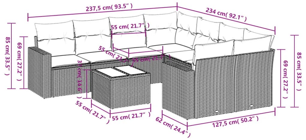 vidaXL Σαλόνι Κήπου Σετ 9 Τεμαχίων Μαύρο από Συνθ. Ρατάν με Μαξιλάρια