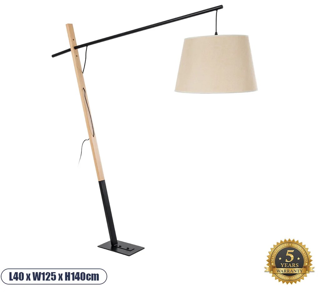 02030 GloboStar® KELSIE 02030 Μοντέρνο Επιδαπέδιο Φωτιστικό Μονόφωτο 1 x E27 IP20 Μαύρο Μέταλλο, Μπεζ Ύφασμα με Μπεζ Ξύλο - Μ40 x Π125 x Υ140cm