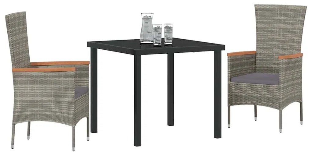 vidaXL Σέτ φαγητού για κήπο με μαξιλάρι 3 pcs Γκρι Πολυ ράταν