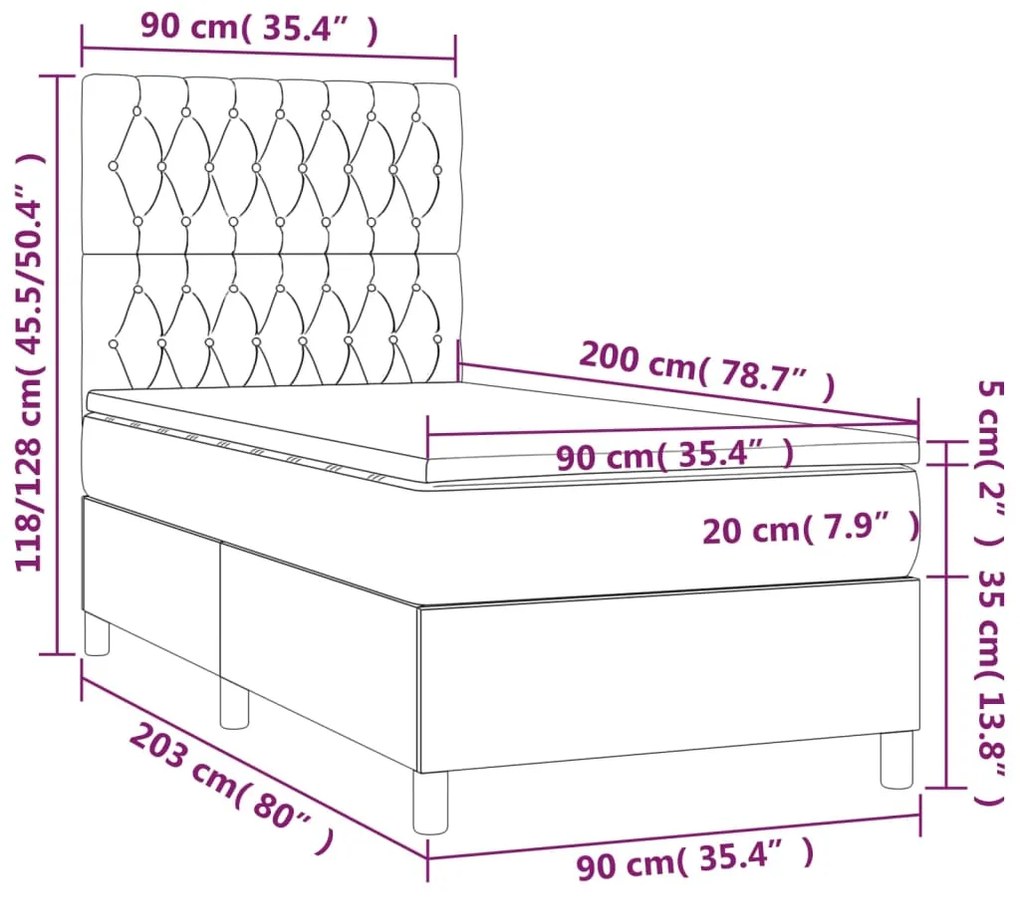 Κρεβάτι Boxspring με Στρώμα &amp; LED Αν.Γκρι 90x200 εκ. Υφασμάτινο - Γκρι