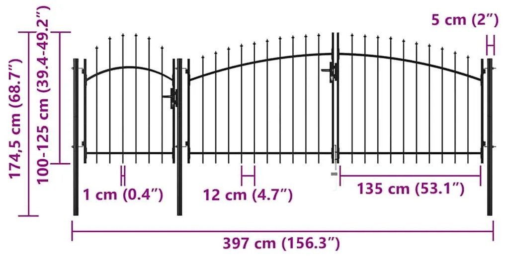 vidaXL Καγκελόπορτα Μαύρη 1,75 x 4 μ. Ατσάλινη