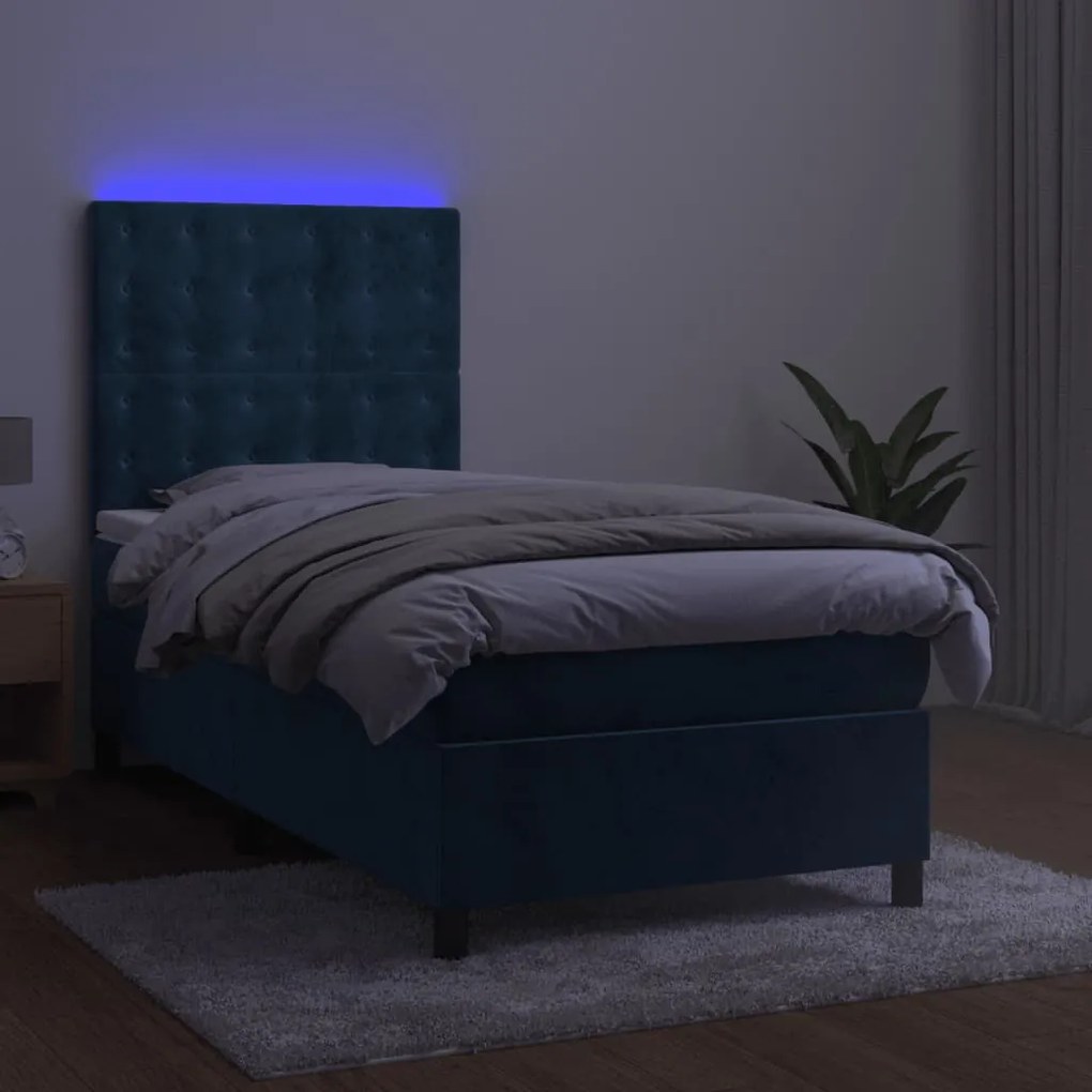 vidaXL Κρεβάτι Boxspring με Στρώμα & LED Σκ. Μπλε 90x190 εκ. Βελούδινο