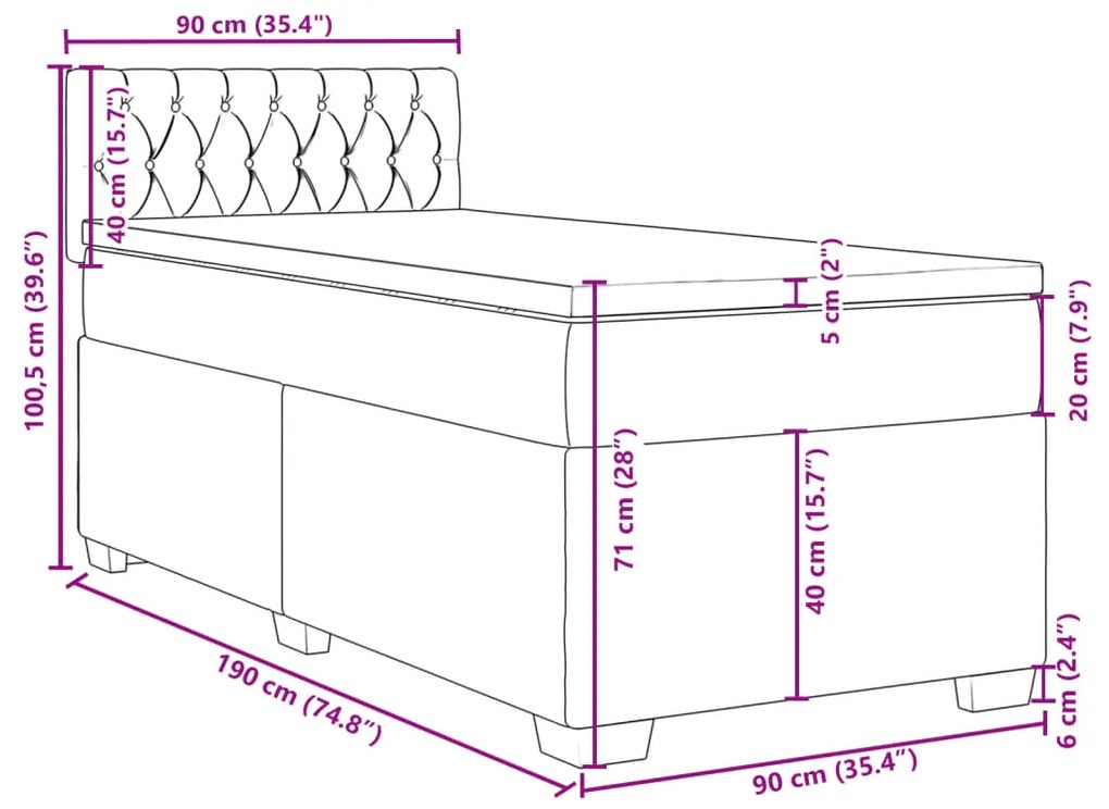 Κρεβάτι Boxspring με Στρώμα Ανοιχτό Γκρι 90x190 εκ. Βελούδινο - Γκρι