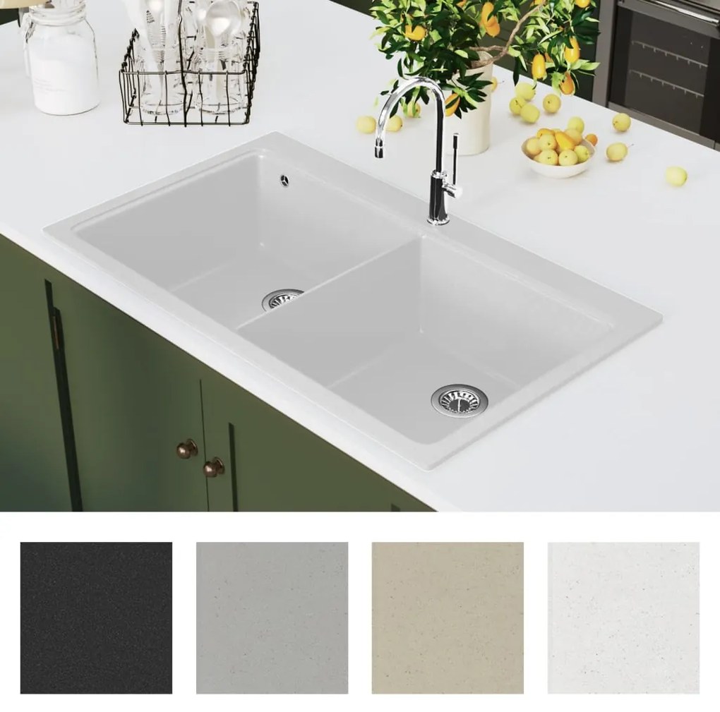 Νεροχύτης Ένθετος με Διπλή Γούρνα Λευκός Γρανιτένιος